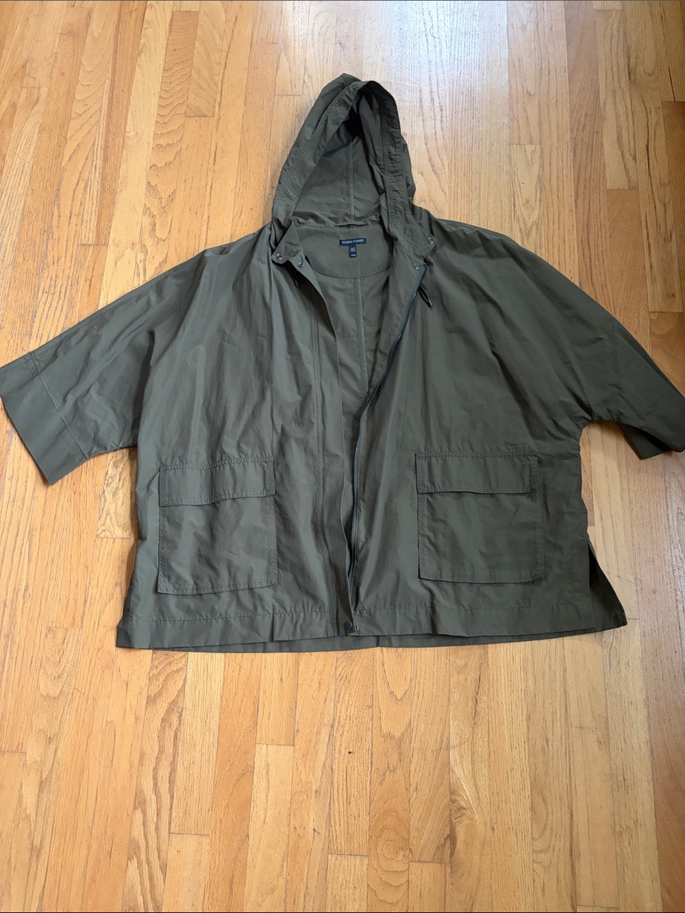 Eileen Fisher Olive Green Hooded Short-Sleeve Windbreaker